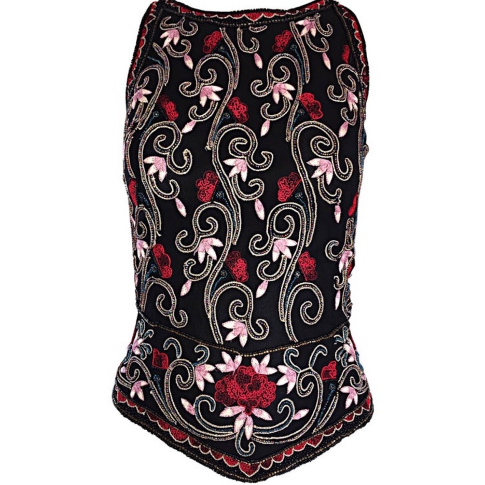 VTG NWT Adrianna Papell Black Silk Beaded Embroidered Pointed Hem Top Size Large